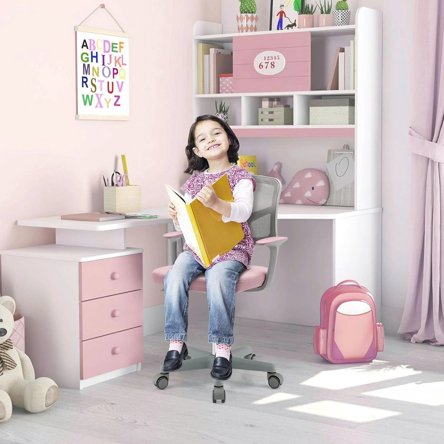 Easy-to-Use Kids Desk Chair Pink Height Adjustable Lumbar Support Luxury