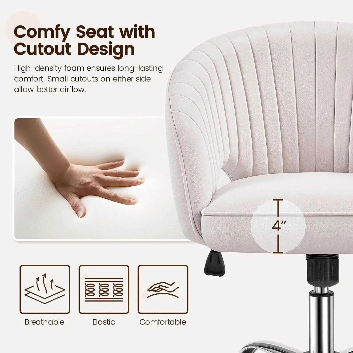 Convenient Cream Velvet Swivel Desk Chair With Wheels Tufted Back Professional