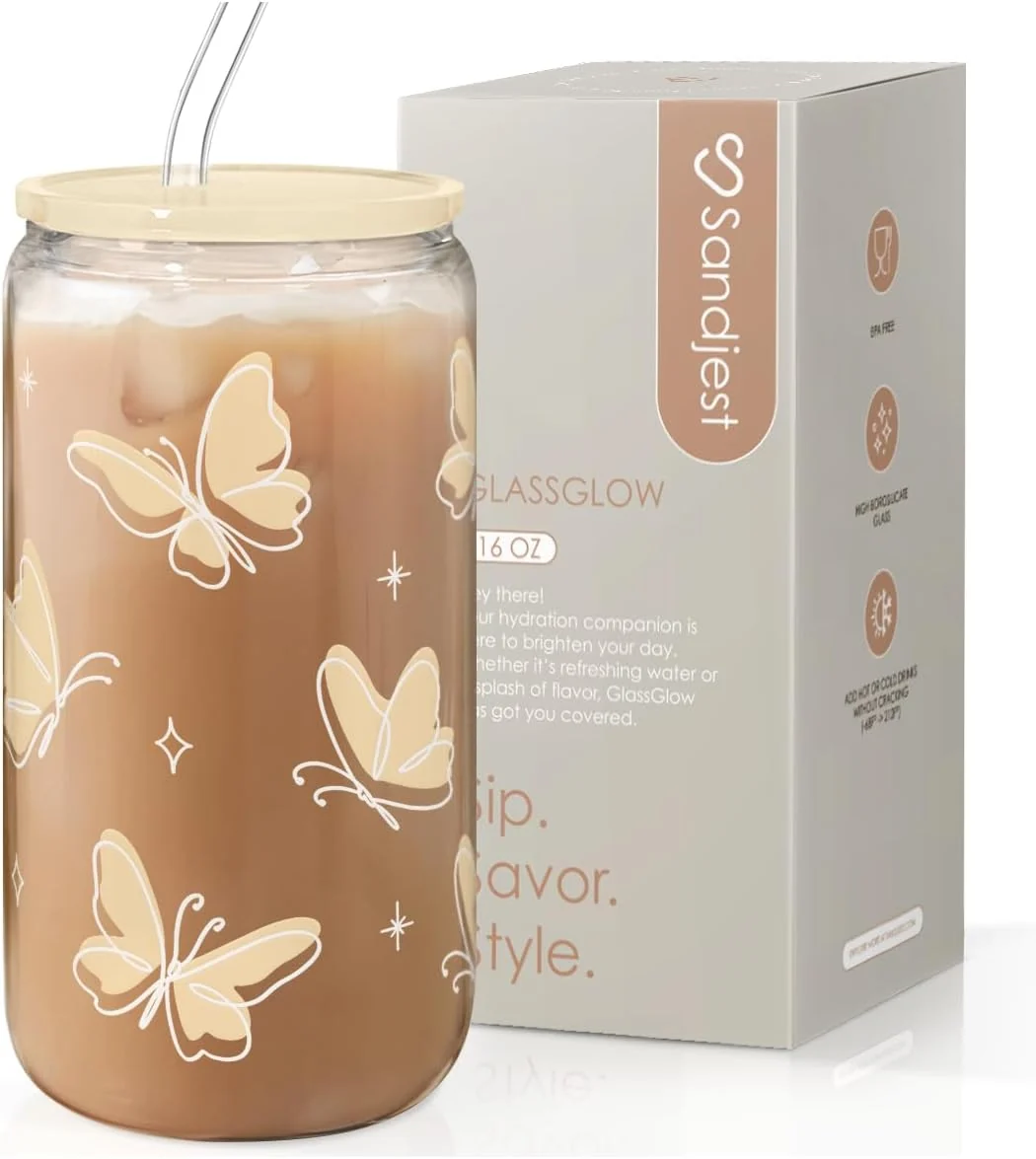 Easy-to-Use Sandjest Butterfly Glass Can Iced Coffee Aesthetic Cup Gifts for Christmas Birthday Gift for Women Girls 16oz Sustainable