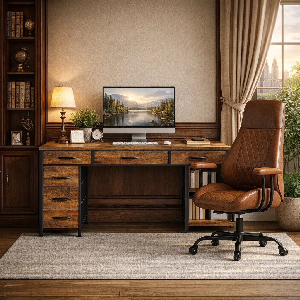 Fine 47 Inch Rustic Brown Desk Ergonomic Chair Storage Solution Smart