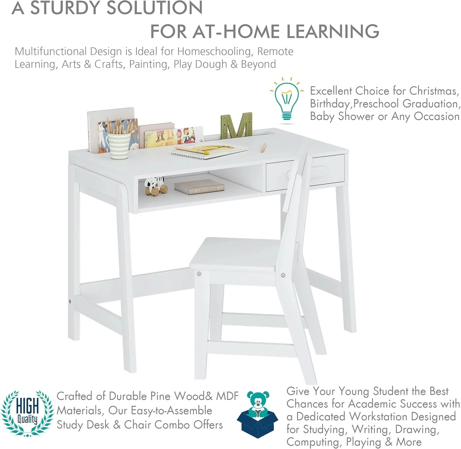 Lightweight Kids Desk and Chair Set With Storage Drawers for Study Exclusive