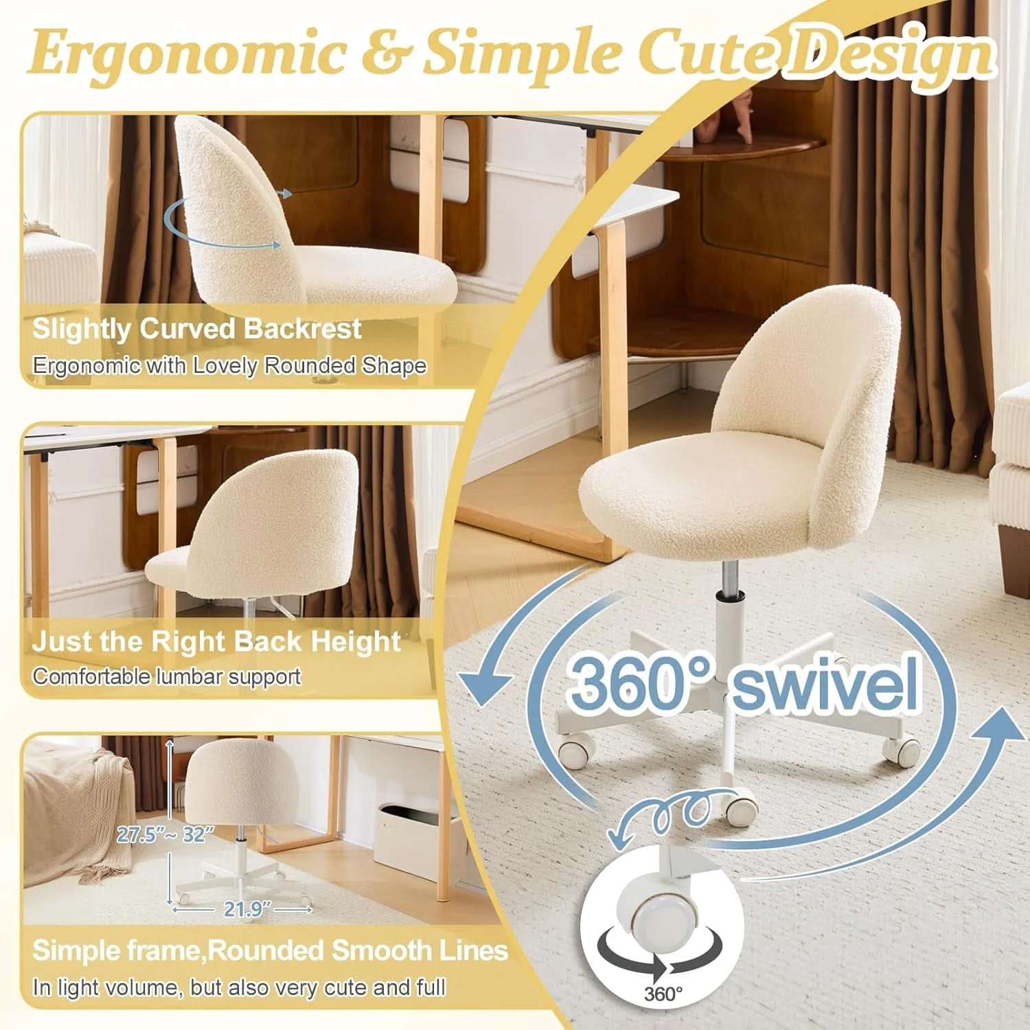 Selected Armless Creamy Beige Teddy Fleece Office Desk Chair With Wheels Premium