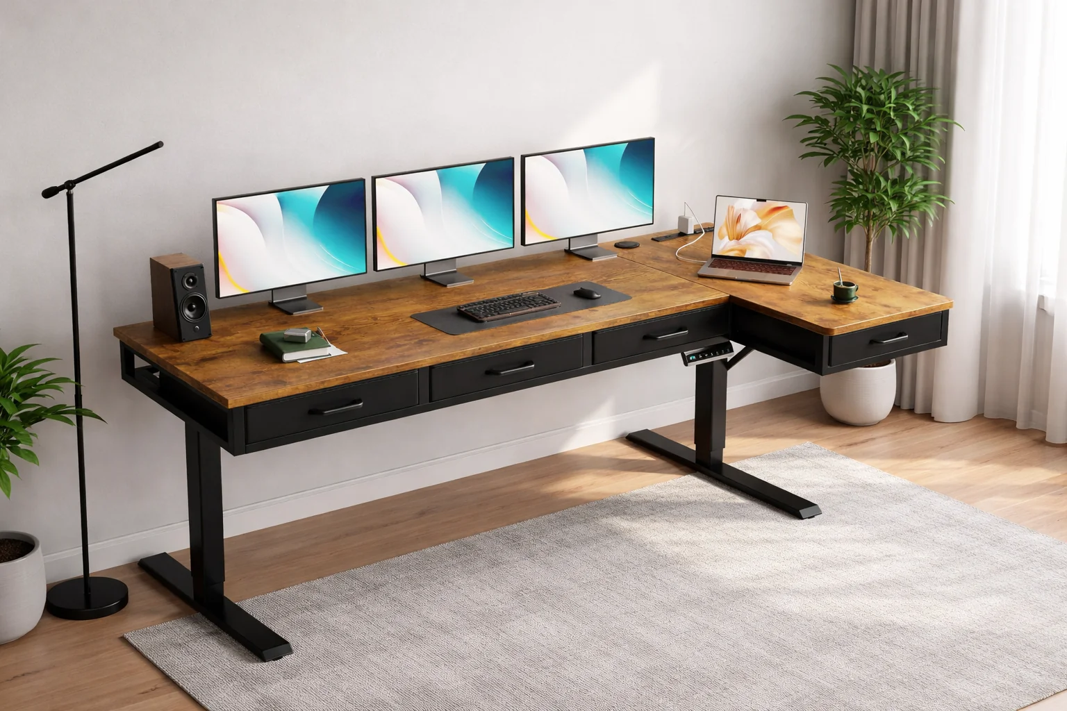 Premium Material Electric L-Shaped Standing Desk with Faux Leather Office Chair Set Contemporary