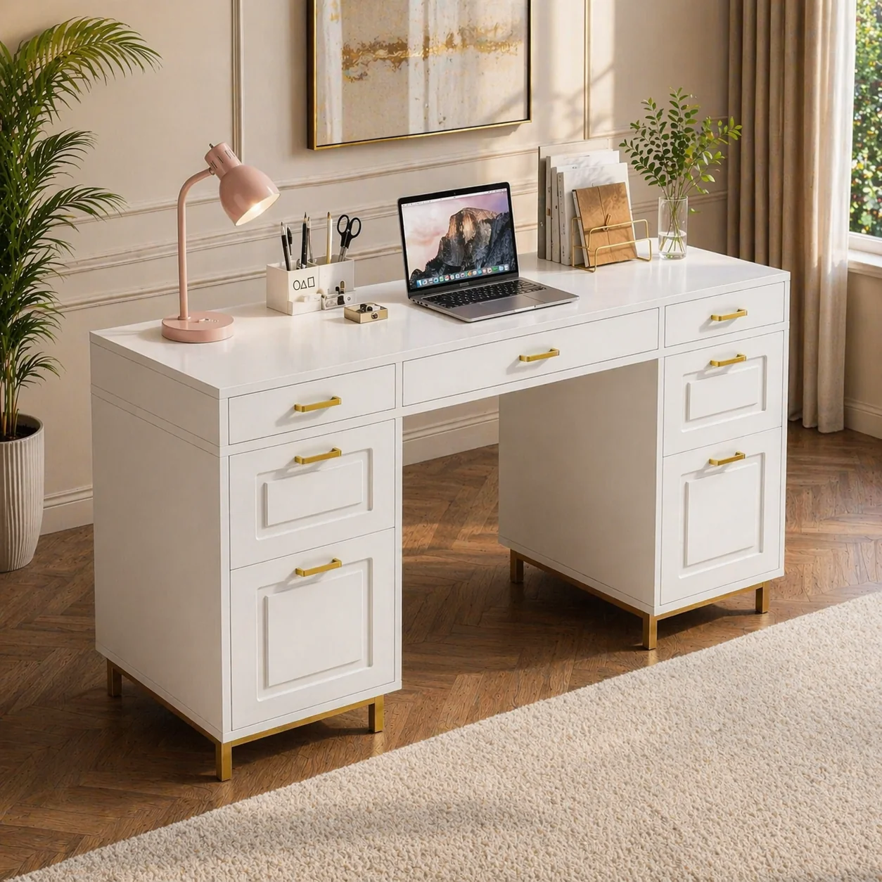 Effective White Gold Executive Desk with 7 Drawers Matching Padded Office Chai Clean