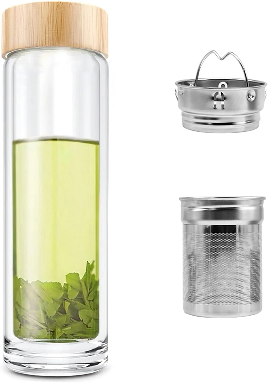 Unique Comi Tea Bottle 14 oz Borosilicate Glass Double Wall Infuser Strainer Bamboo Lid 400ml Advanced