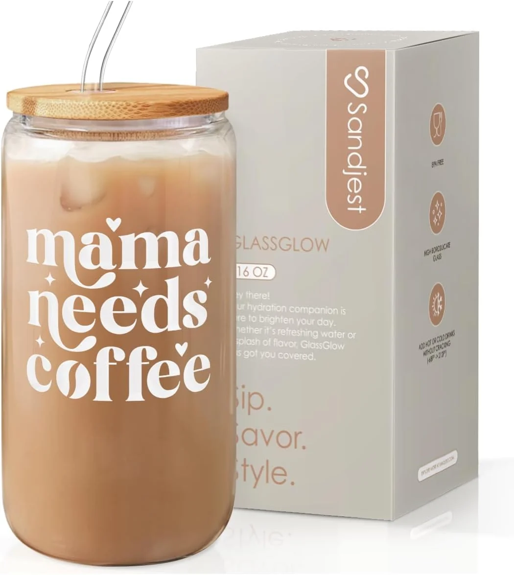 Specialty Mom Glass Can Mama Needs Coffee Cup with Lid amp Straw Iced Coffee Aesthetic Cups Idea Gifts for Christmas Birthday Mother Day Gifts for Women 16oz Durable