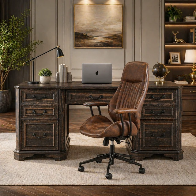Functional 59 Farmhouse Executive Desk with Storage Faux Suede Executive Offic Reusable