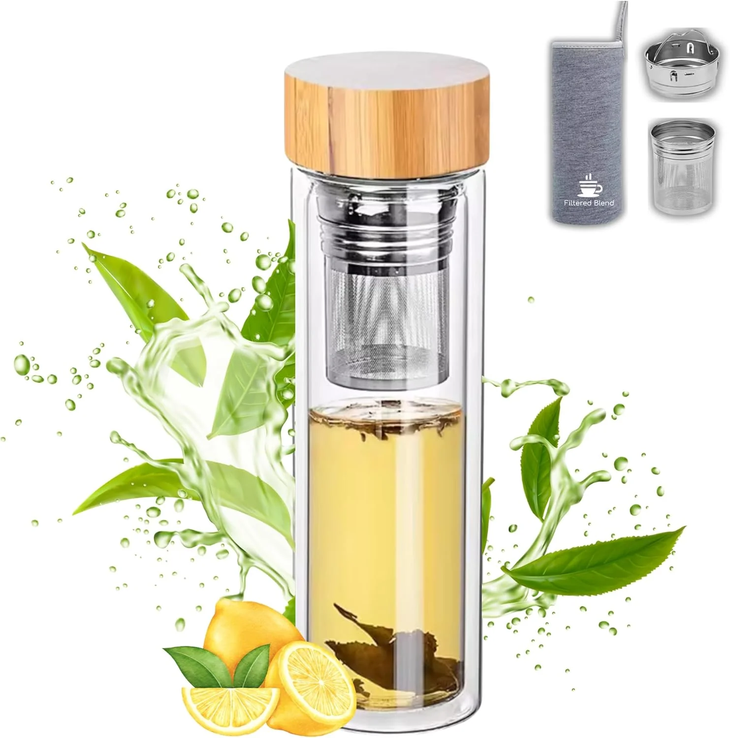Long-Lasting 15oz Double Wall Glass Water Bottle with Bamboo Lid and Tea Infuser – Insulated Leak-Proof Durable