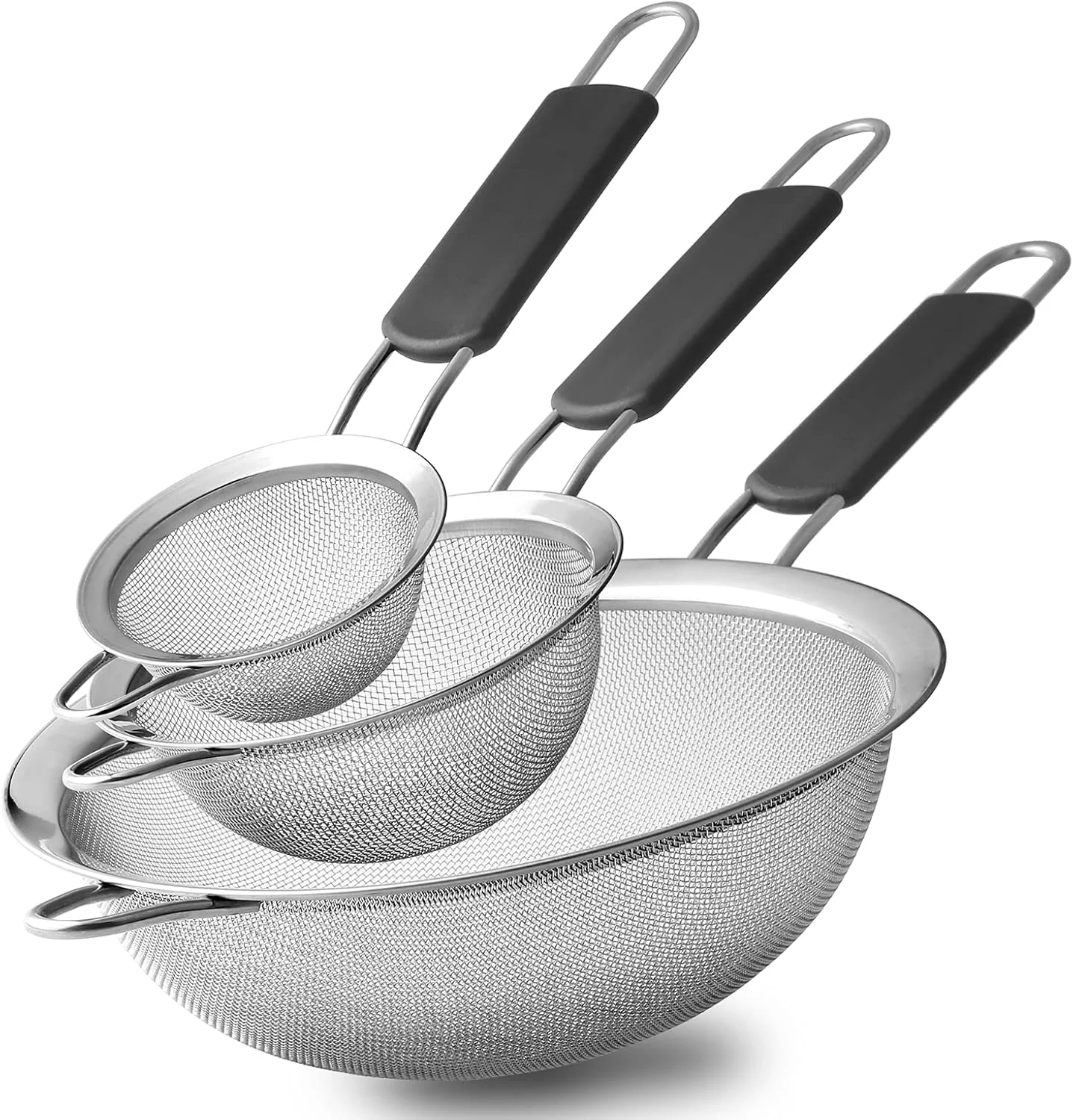 Superior Stainless Steel Fine Mesh Strainers Set of 3 Sizes Strainer for Kitchen Wire Sieve with Insulated Handle Kitchen Strainer Baking Tools Colander Fine Crafted