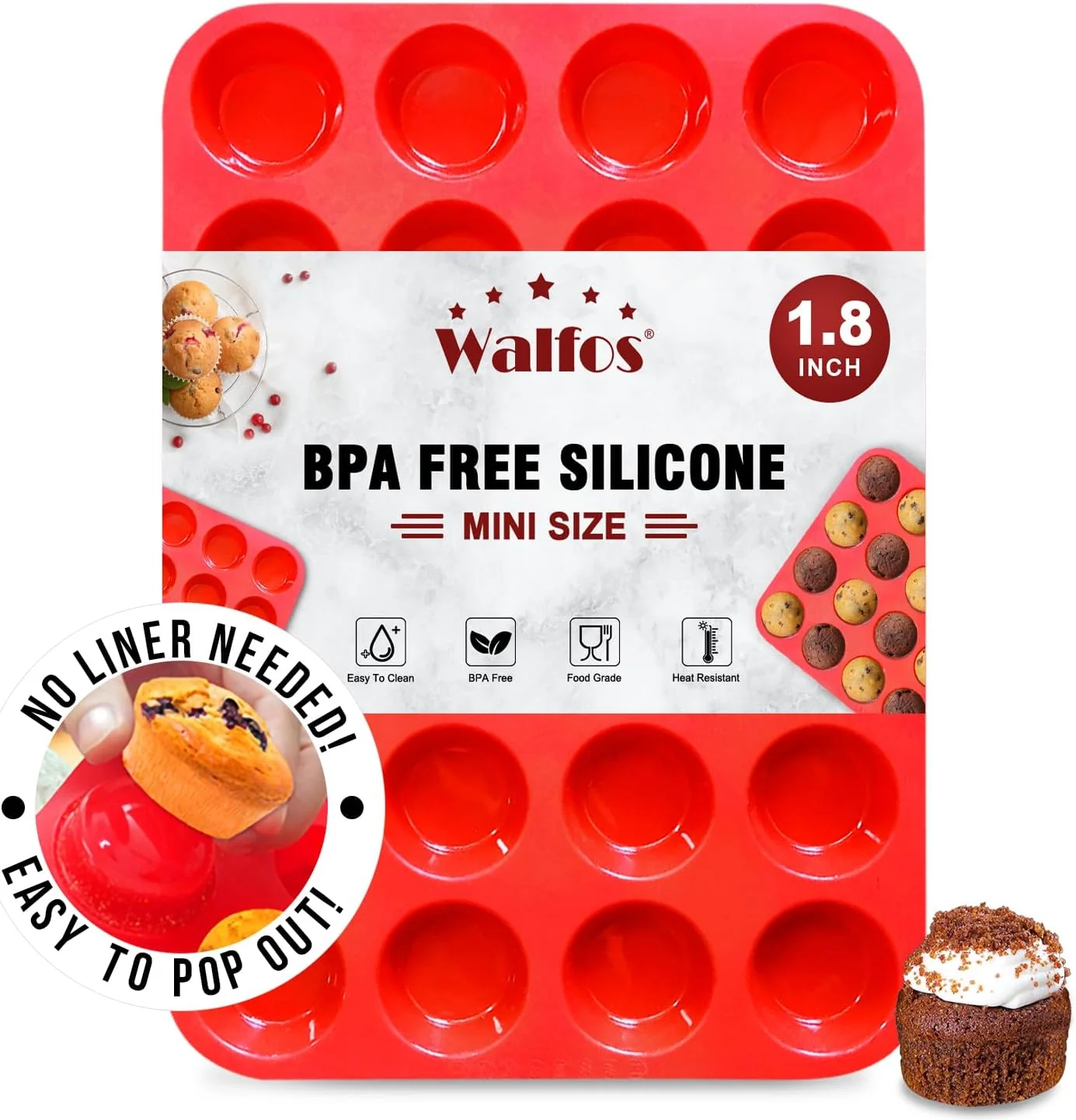 User-Friendly Walfos Mini Silicone Muffin Pan – 24 Cups BPA and Dishwasher Safe Non-stick Silicone Cupcake Baking Pan Great for Making Muffin Cakes Tart Casual