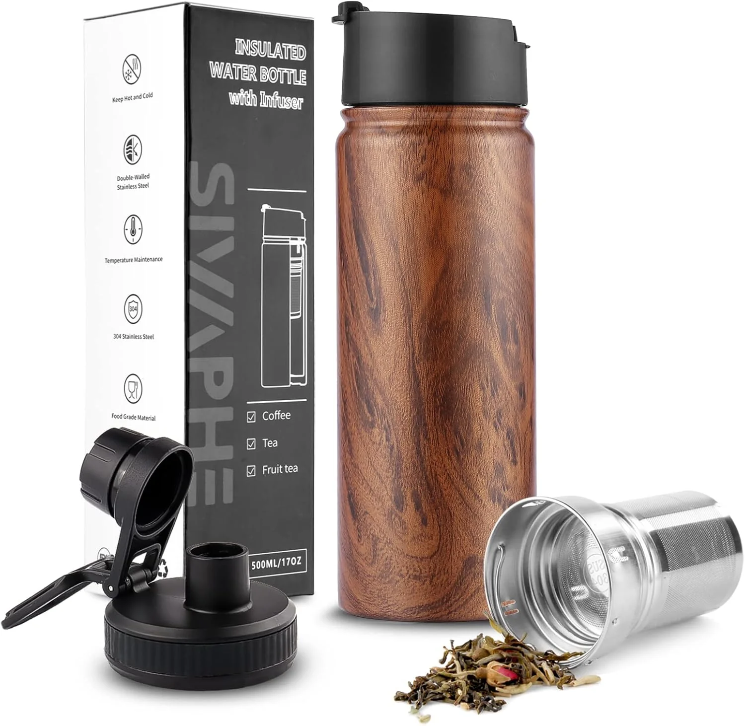Unique Sivaphe Tea Infuser Bottle With Removable Loose Leaf Tea Strainer 18 8 Stainless Steel Insulated Travel Tumbler Festival Gift Wood Grain Contemporary