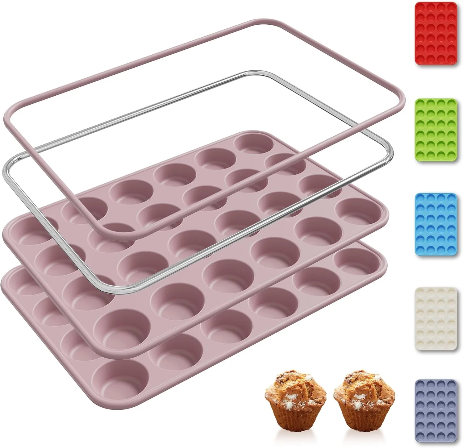 Functional 2 Pack 24 Cups Mini Muffin Pan with Metal Reinforced Frame Silicone Molds Cake Pans Egg Bites Silicone Circle Cookie Molds Muffin Tin Tart Pans Non Elegant