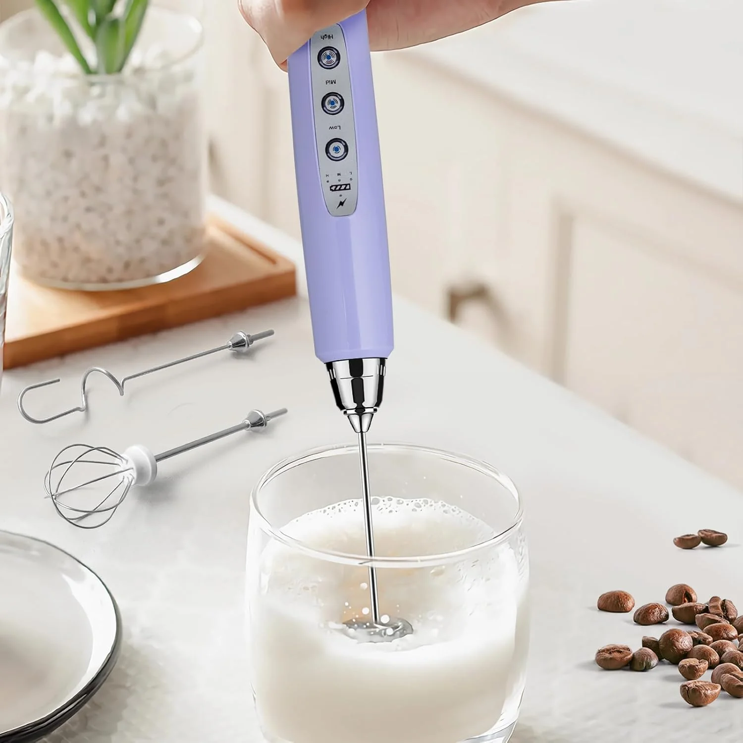 Reliable Milk Frother Handheld Rechargeable – Electric Whisk 3 Speed Adjustable Coffee Frother Wand with 3 Stainless Whisks Electric Foam Maker Original Design