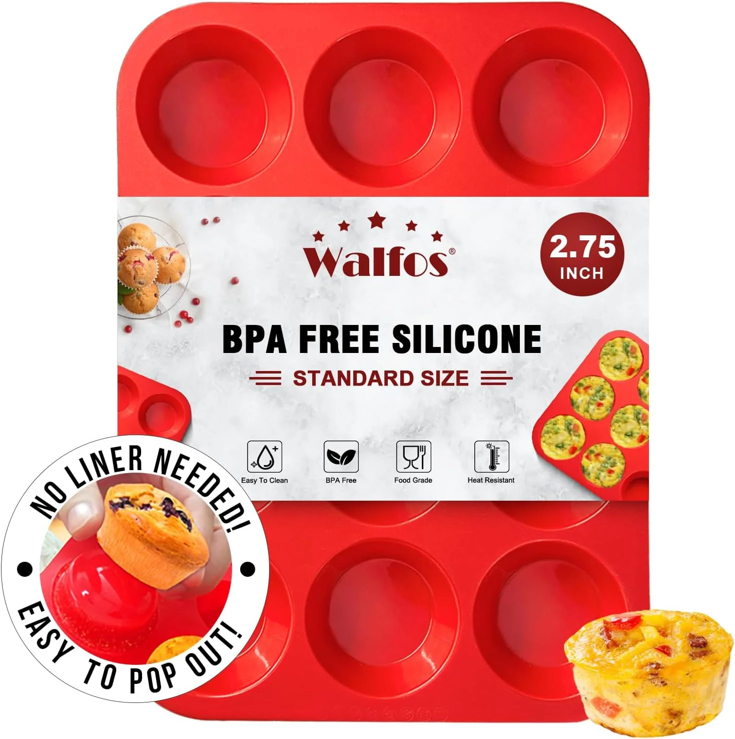 Sustainable Walfos Silicone Muffin Pan – 12 Cups Regular Silicone Cupcake Pan Non-stick Great for Making Muffin Cakes Tart Bread – BPA and Dishwasher Safe Comfortable