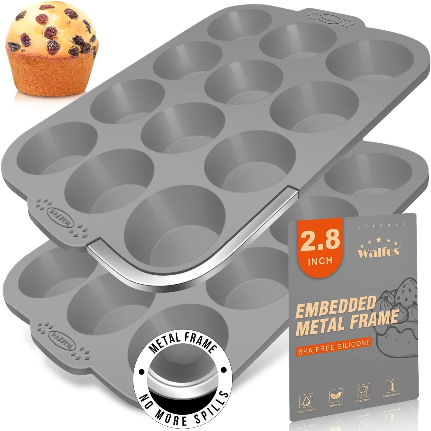 Premium Walfos Silicone Muffin Pan with Metal Frame 2.8 Inch Regular Size Silicone Cupcake Pan Muffin Tin Non-Stick 12 Cups Egg Bites Molds for Baking 2 Pack BPA Dishwasher Safe Clean