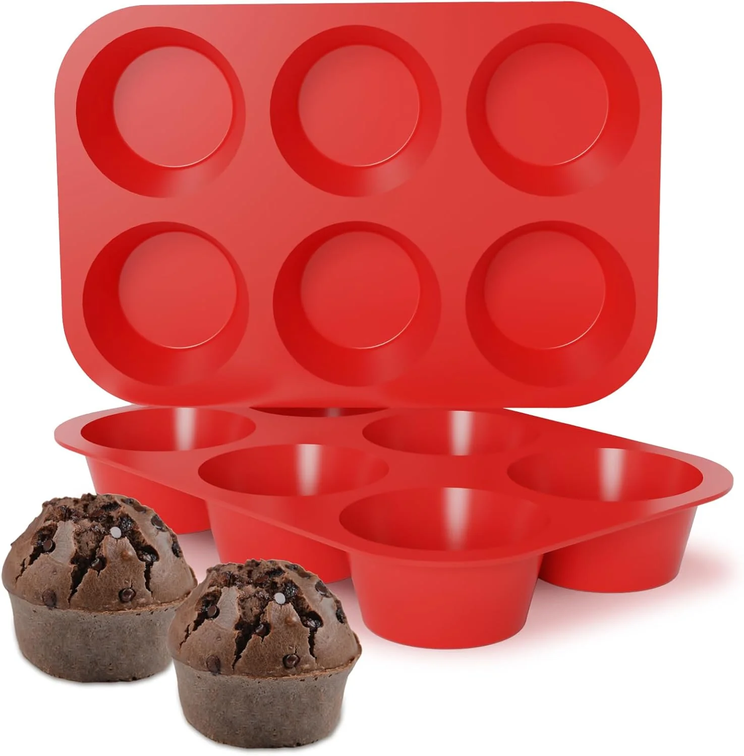 Responsible Silicone Jumbo Muffin Pan 3.5 Inch Silicone Texas Muffin Pan 6 Cup Large Cupcake Pan Nonstick BPA 2 Pack Red Effective