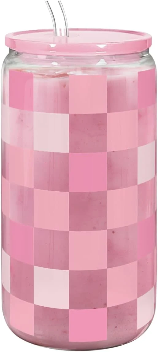 High-Quality Checker 16 Oz Can Glass Tumbler with Acrylic Lid and Straw – Iced Coffee Cups for Women Aesthetic Glass Cup Gift for Birthday Christmas High-Grade