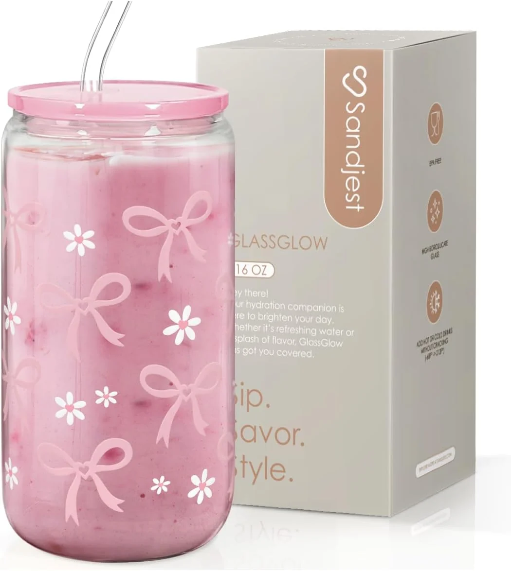 Exceptional Sandjest Bow Glass Can Bows Cup with Lid Straw Iced Coffee Aesthetic Cups Idea Gift for Christmas Birthday Mother Day Gifts for Women 16oz Next-Generation