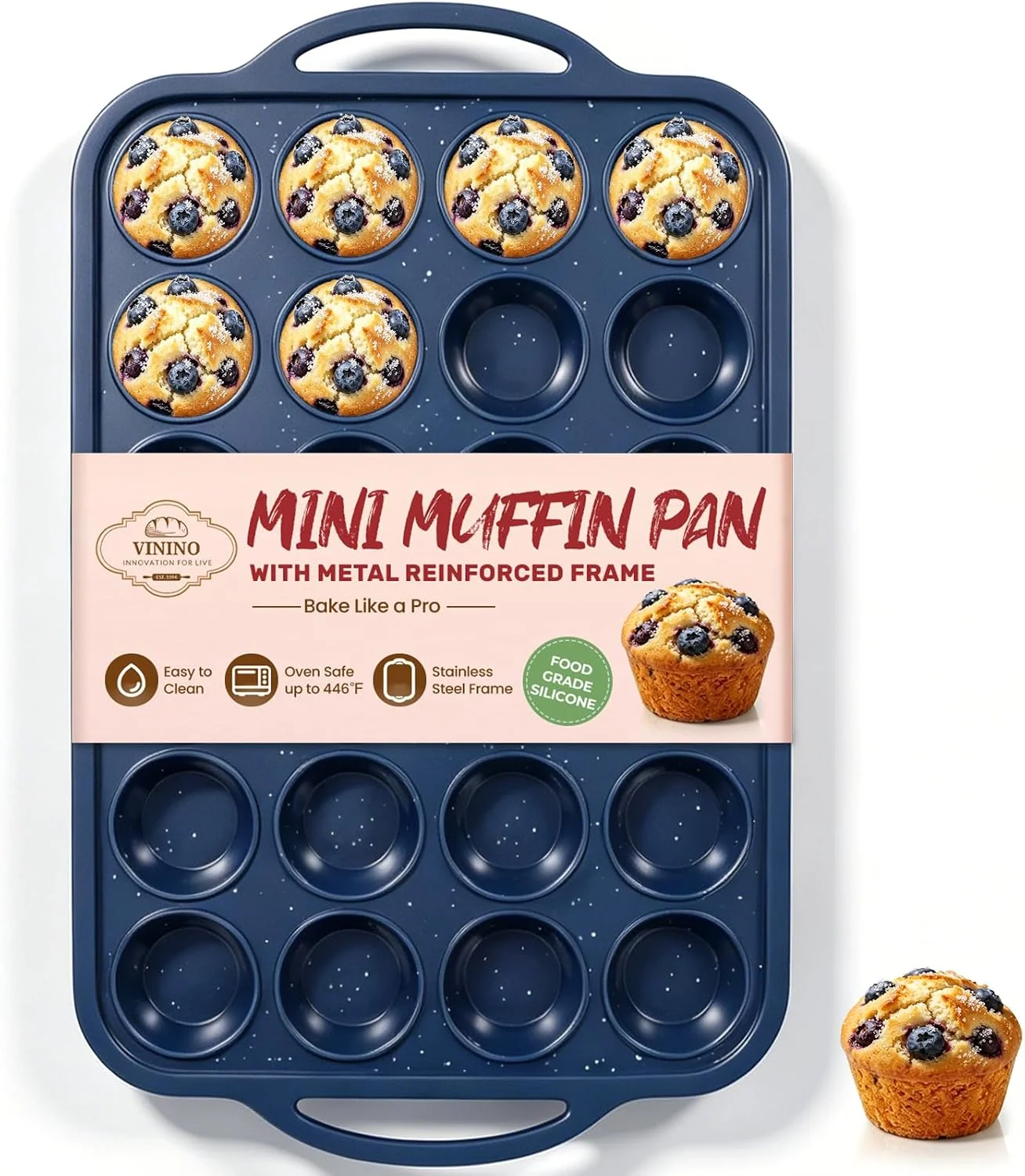 Next-Generation Vinino 24 Cup Silicone Muffin Pan with Metal Reinforced Frame Nonstick Food Grade Silicone Easy Release Oven Safe Up To 446°f Dishwasher Safe for Muffins and Cupcakes Healthy
