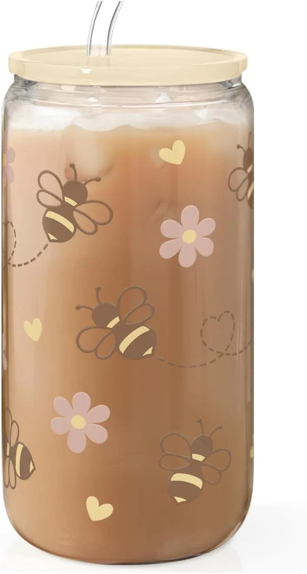 High-Grade Bee 16oz Can Glass Tumbler with Acrylic Lid Straw – Iced Coffee Cup for Women Girls Aesthetic Cups Gifts for Birthday Christmas Professional