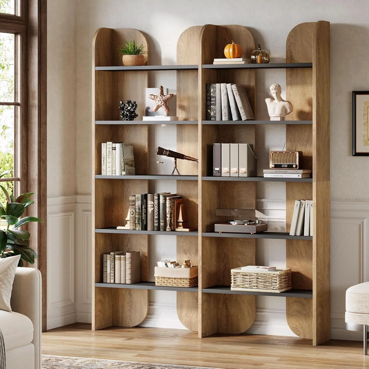 Relaxed Farmhouse Bookshelf 70.87 Inches Double Wide Bookcase Organic
