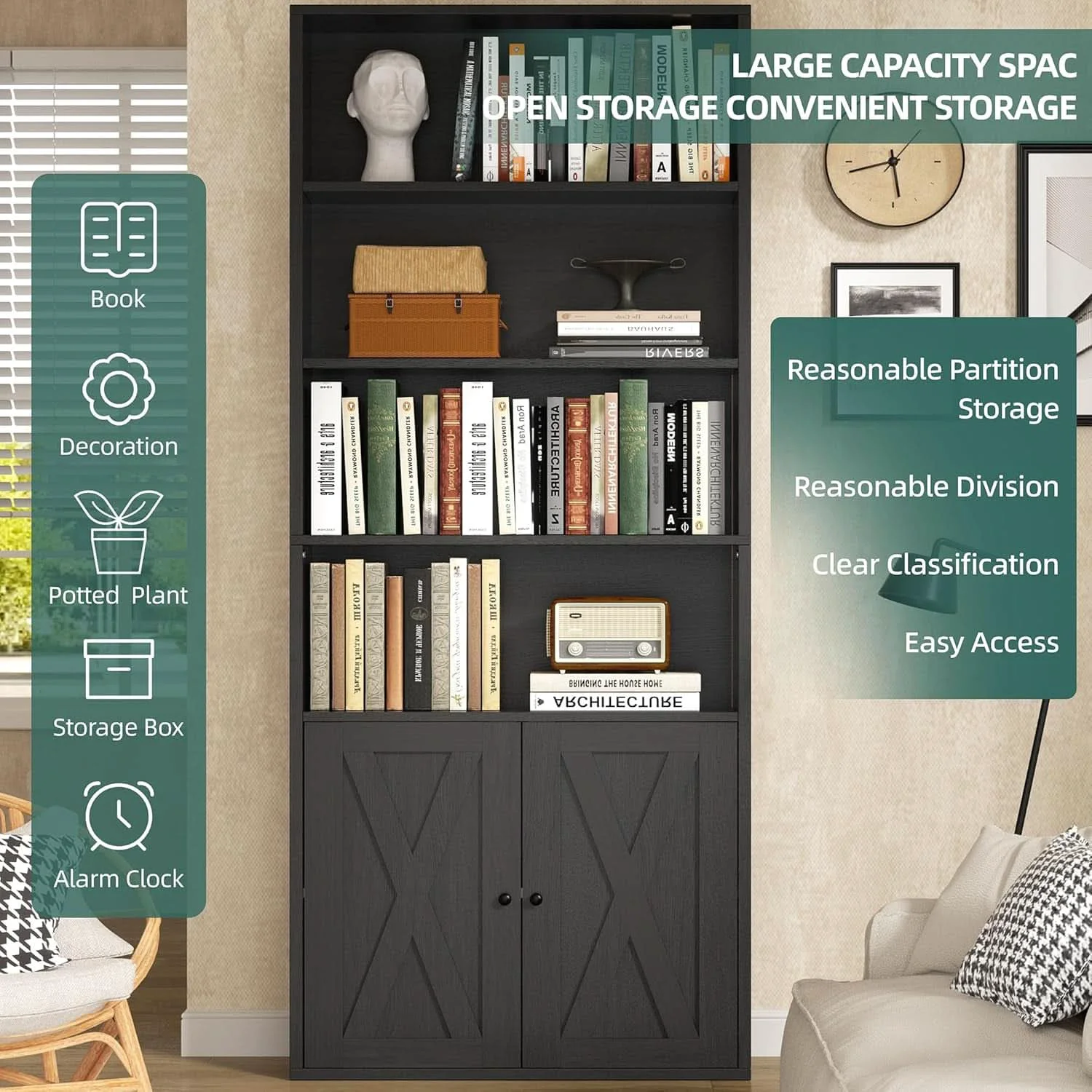 Clean Industrial Black Floor Standing Bookcase With Doors Trusted