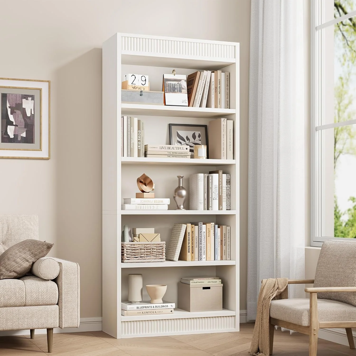 Lightweight White Five Tiered Farmhouse Bookcase Double Fluted User-Friendly