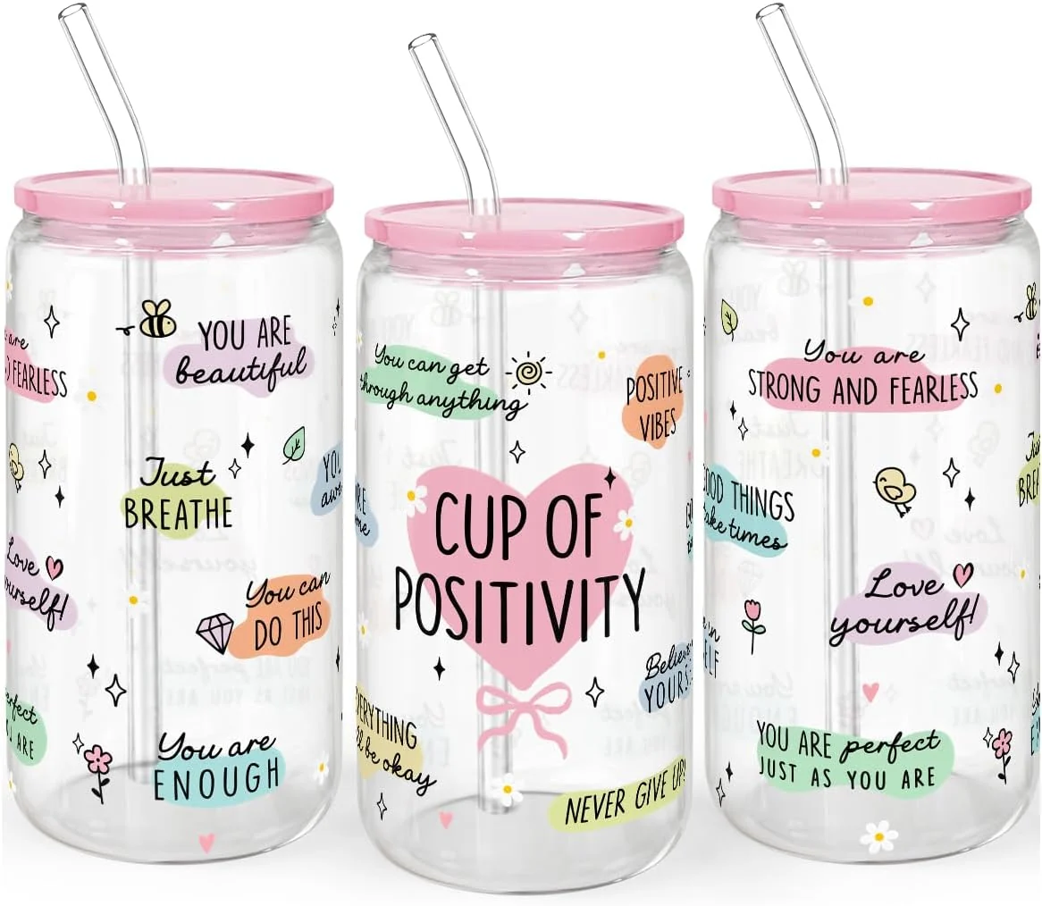 Proven Sandjest Inspiration Gifts – Glass Tumbler 16oz with Acrylic Lid and Straw – Iced Coffee Cups for Women Premium