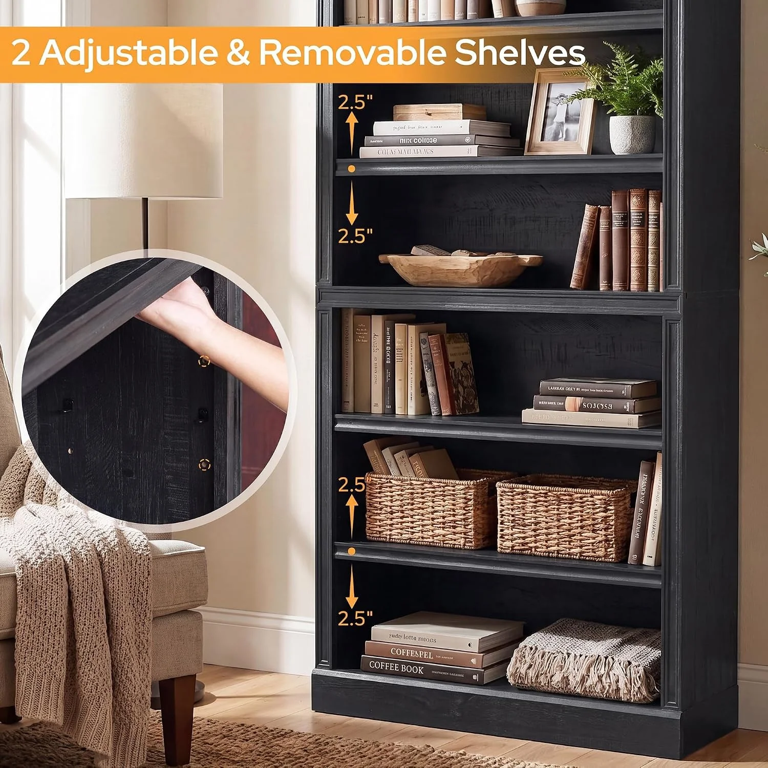 Next-Generation Five Tier Black Finished Wooden Adjustable Bookcase High-Performance