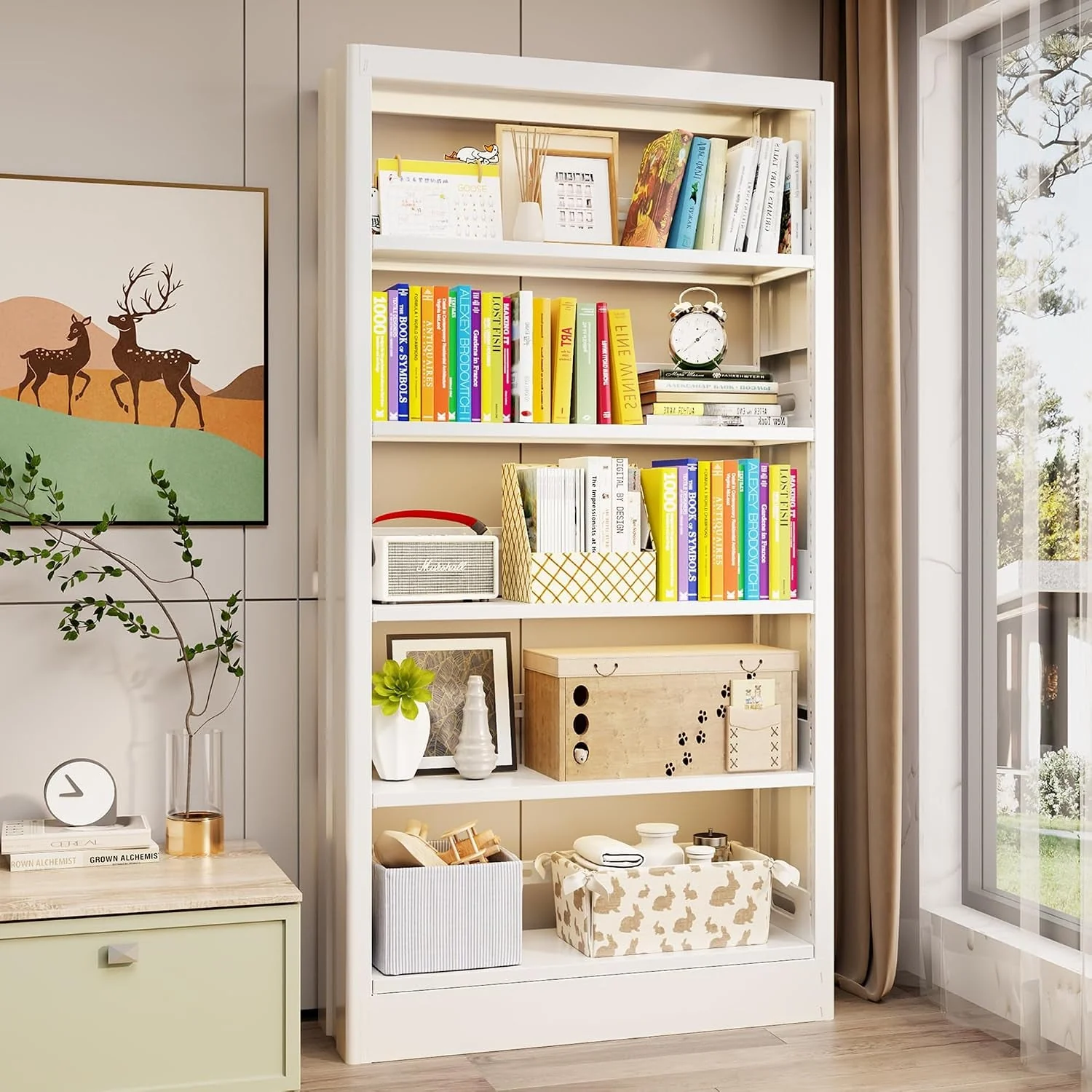 Elegant Floor Standing White Five Tier Adjustable Bookcase Durable