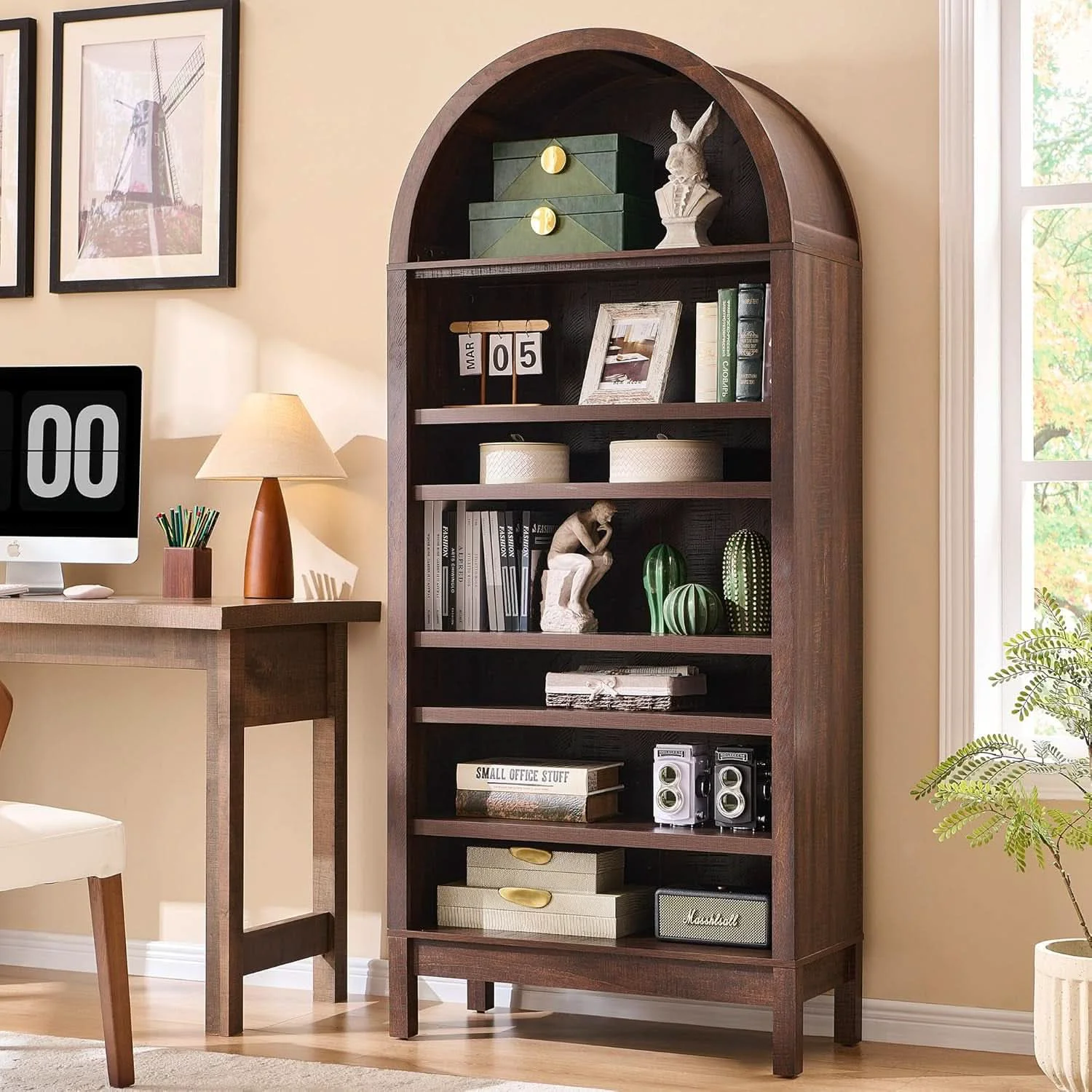 Original Design Tall Arched Brown Finish Bookcase With Adjustable Shelves Practical
