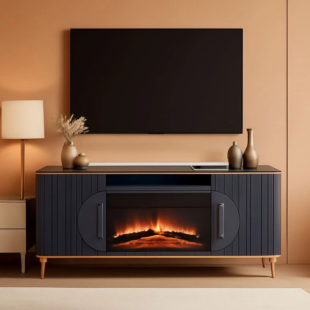 Genuine Fluted Fireplace TV Stand Navy Sophisticated Marble Next-Generation