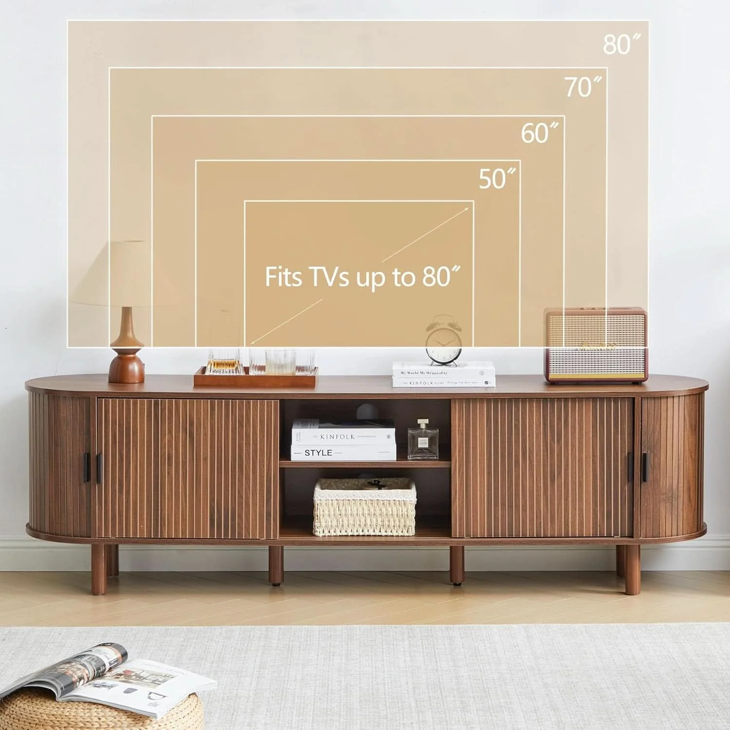 Detailed Walnut Tambour TV Stand 70.87 Inch Entertainment center Minimalist