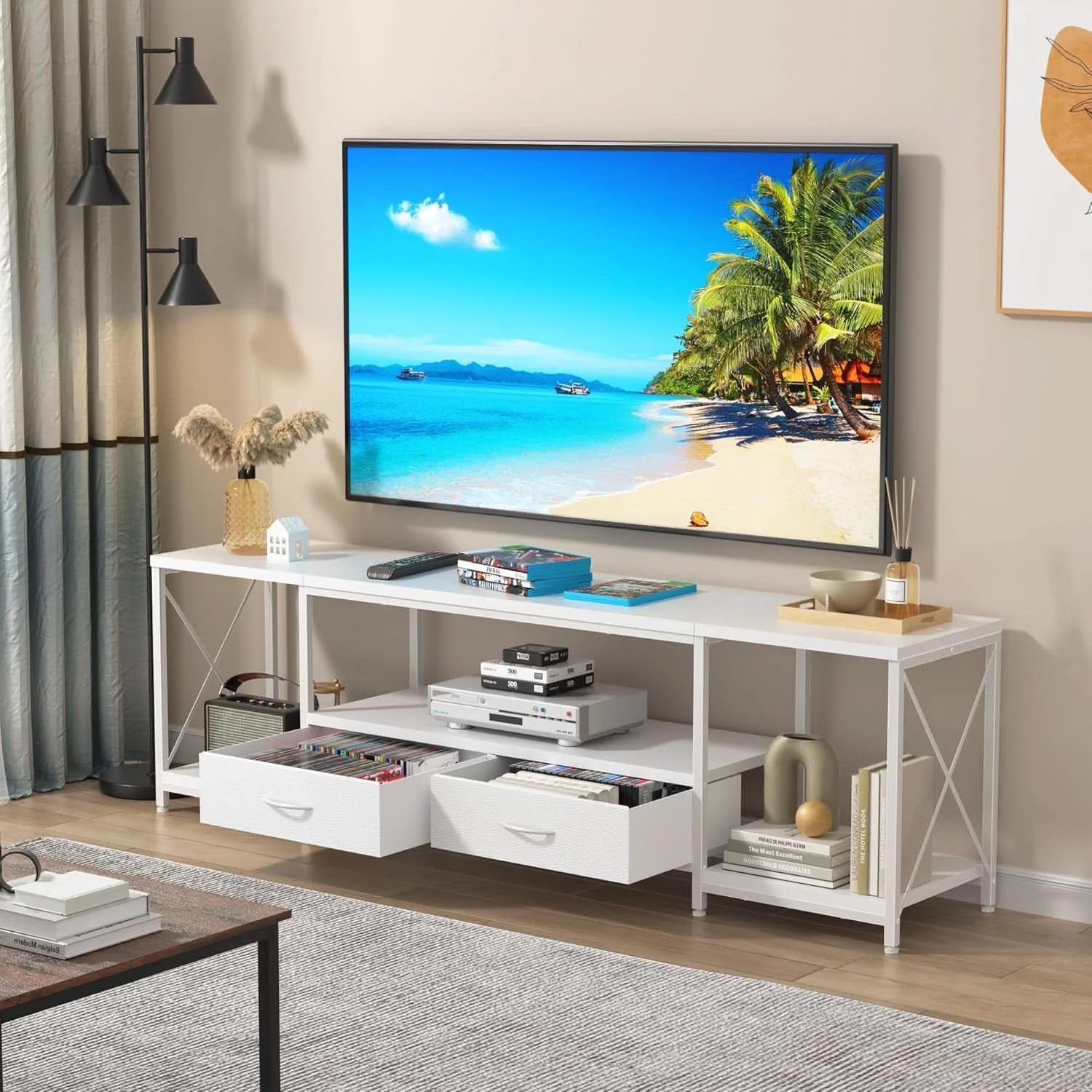 Breathable TV Stand For 55 To 65 Inch TV With Fabric Drawers Sturdy Innovative