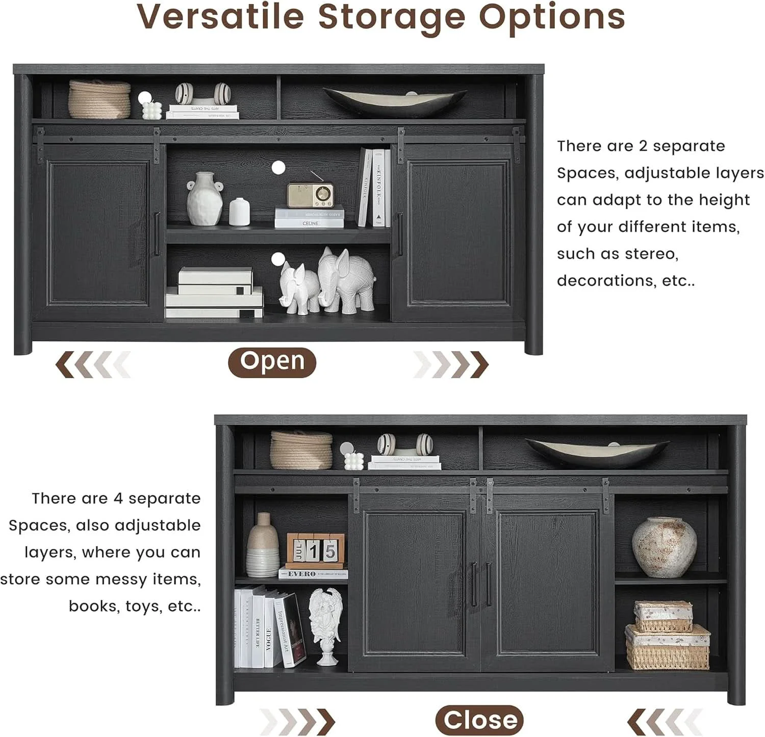 Detailed Farmhouse TV Stand Entertainment Center Sliding Doors Black Trendy