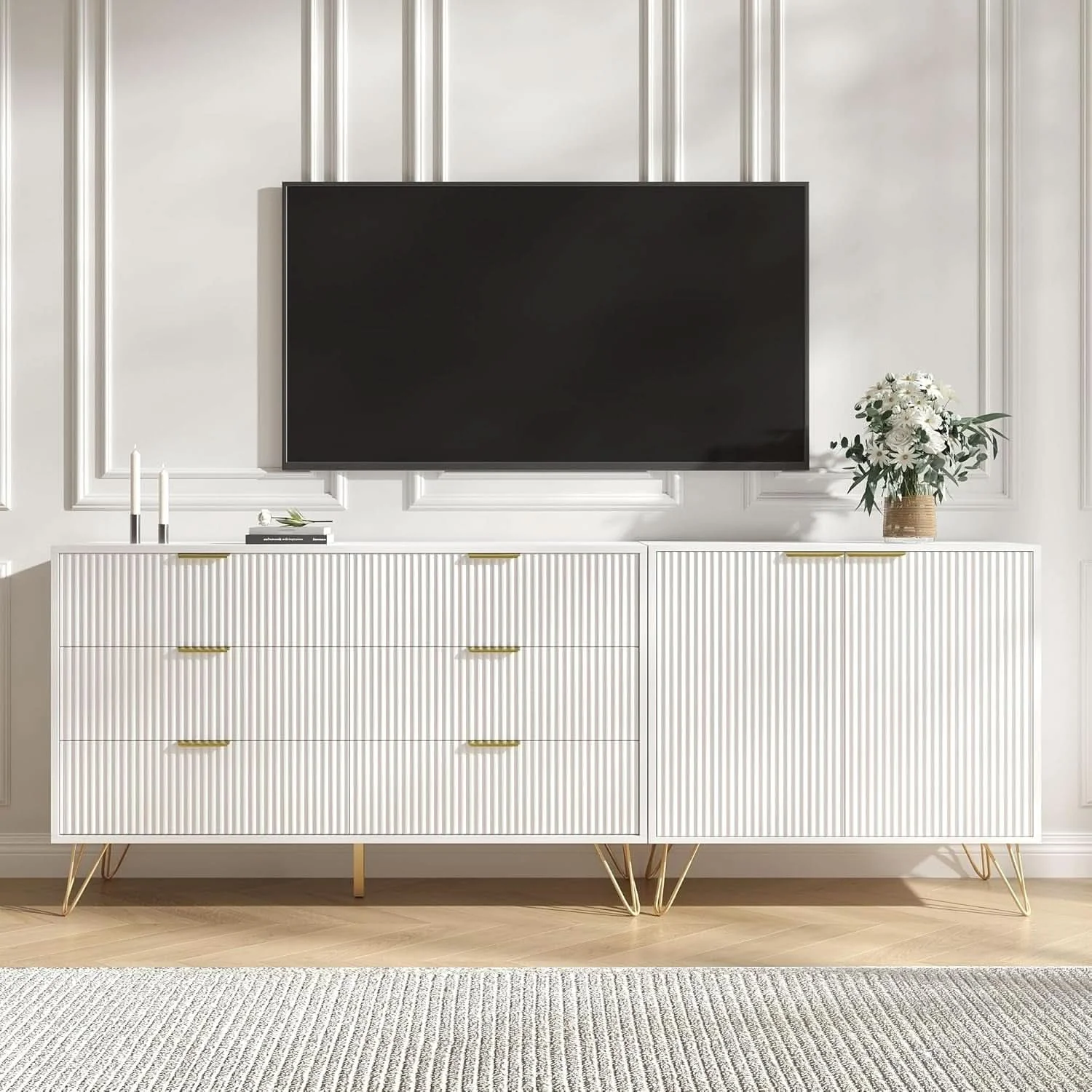 Stylish White Fluted TV Stand With Entertainment Center Storage First-Class