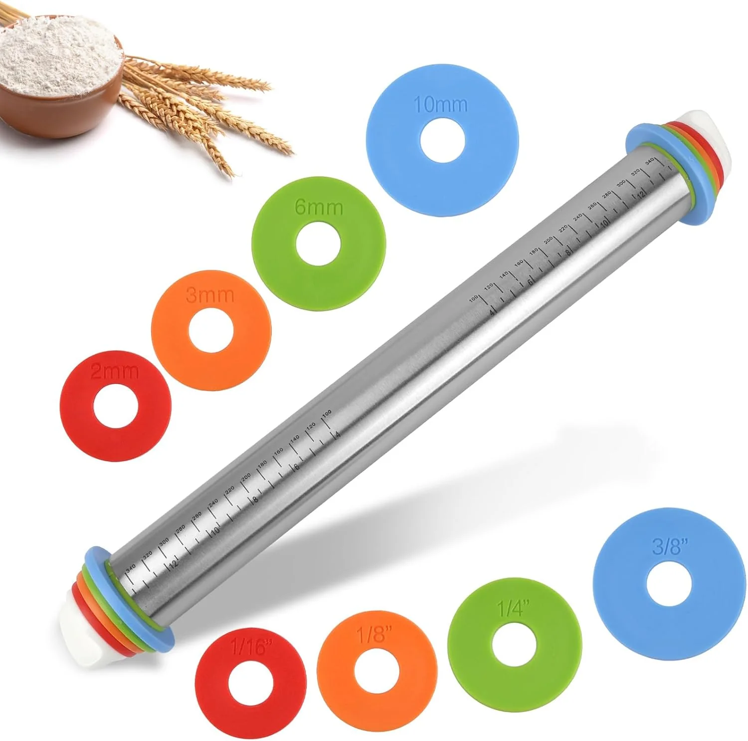 Comfortable Adjustable Rolling Pin with 4 Thickness Rings for Baking 17 Stainless Steel Dough Roller with Clear Measurement Markings for Pizza Fondant Pie Official