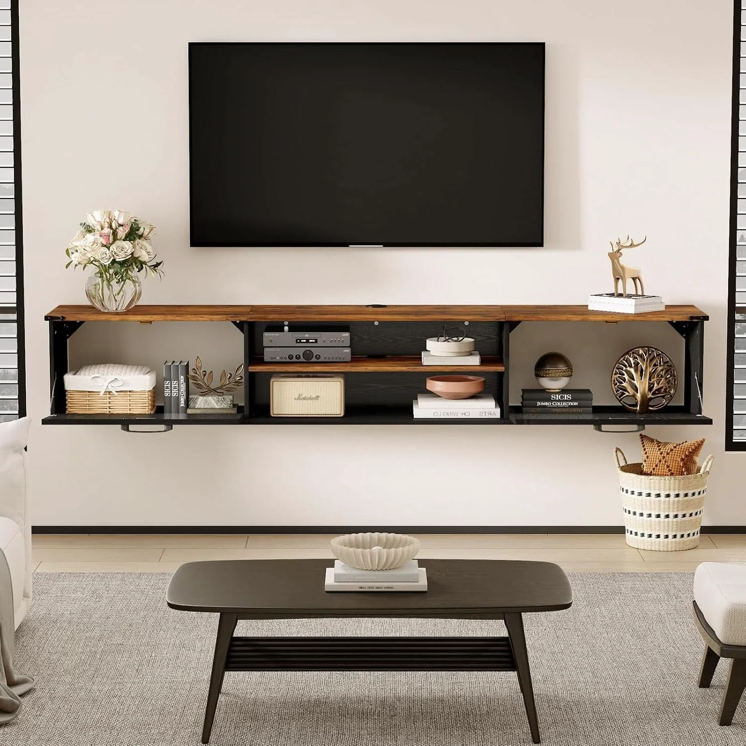 Crafted Seventy Inch Floating TV Stand Featuring Doors Black Superior