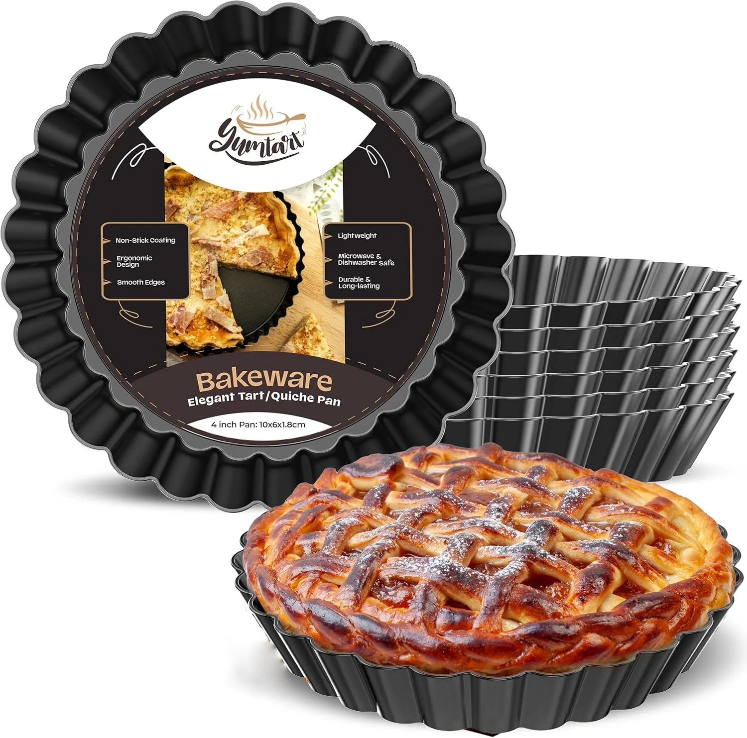 Sustainable 4 Inch Round Tart Pan 8 Pieces False Bottom Pie Pan Deep Fluted Tart and Quiche Pan with Removable Bottom – Non-Stick Tart Pan Official