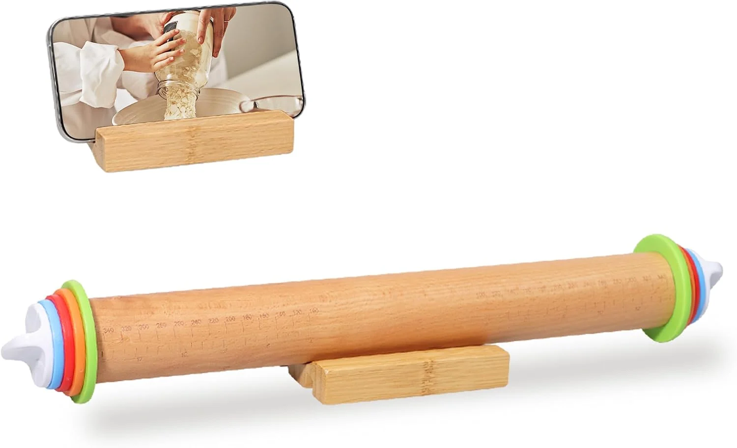 Excellent Adjustable Rolling Pin with Thickness Rings 17 Inch Wood Roller Detailed