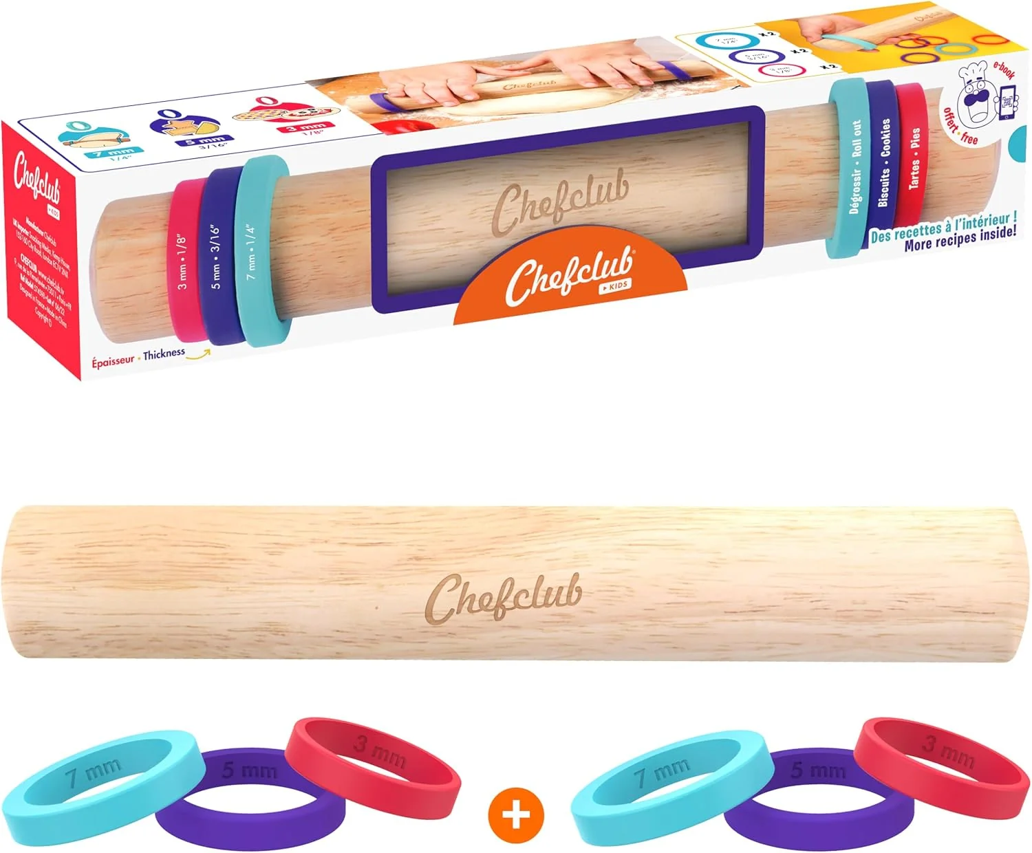 Crafted Chefclub Kids Adjustable Wooden Rolling Pin – 3 Removable Silicone Rings – for Baking amp Pastry Pizza Pie Cookie Dough – Precision Baking Tool for Kids 3 Removable Silicone Rings for 3 Different Dough Thicknesses – 7 mm 5 mm and 3 mm – Re Green
