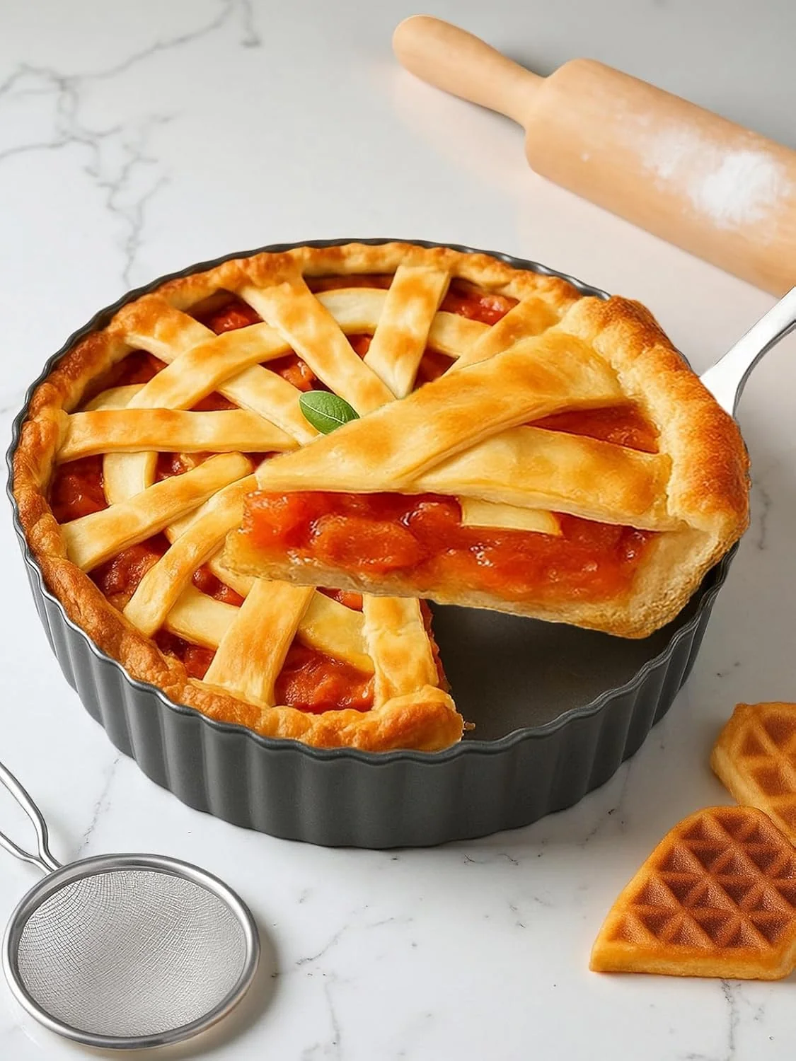 Dependable 9.5 2.2 Inch Deep Tart Pan w Pie Cake Server. Removable Bottom Non-Stick Coating Rugged Carbon Steel for Tart Quiche Baking Top-Quality