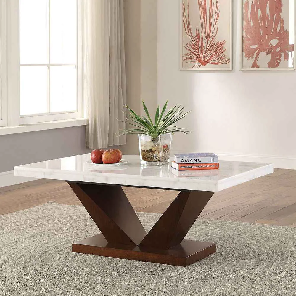 Organic Forbes – Coffee Table – White Natural Marble Top Walnut Effective