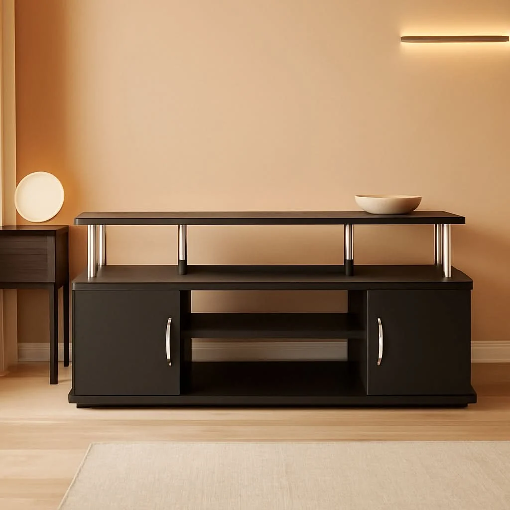 Safe JAYA Entertainment Stand For 55 Inch TV Americano Chrome Lightweight