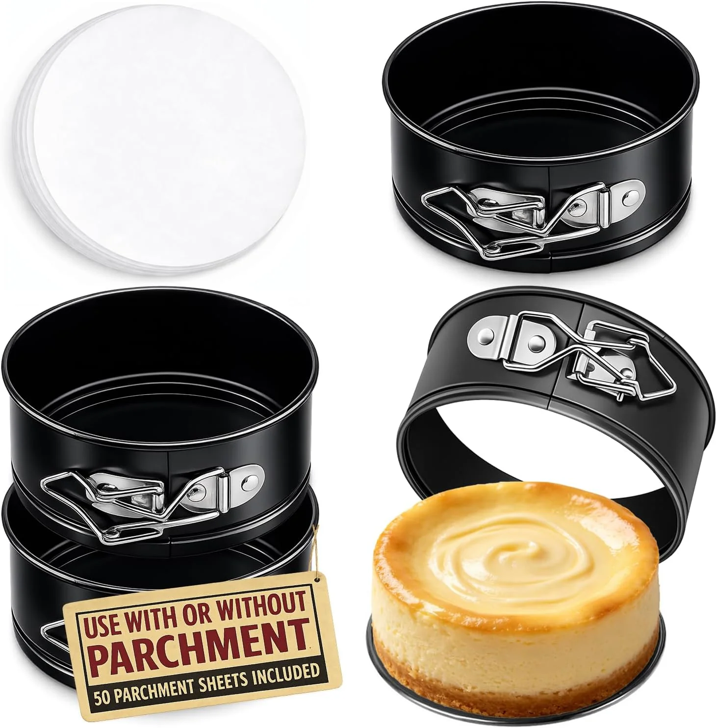 Modern 4 Pack Small Springform Cheesecakes Pan 4 Inch Mini 50Pcs Parchment Paper Carbon Steel Cake Round Tins Leakproof Nonstick Removable Bottom Bakeware for Pie Pizzas and Quiches Baking Mold Set Premium