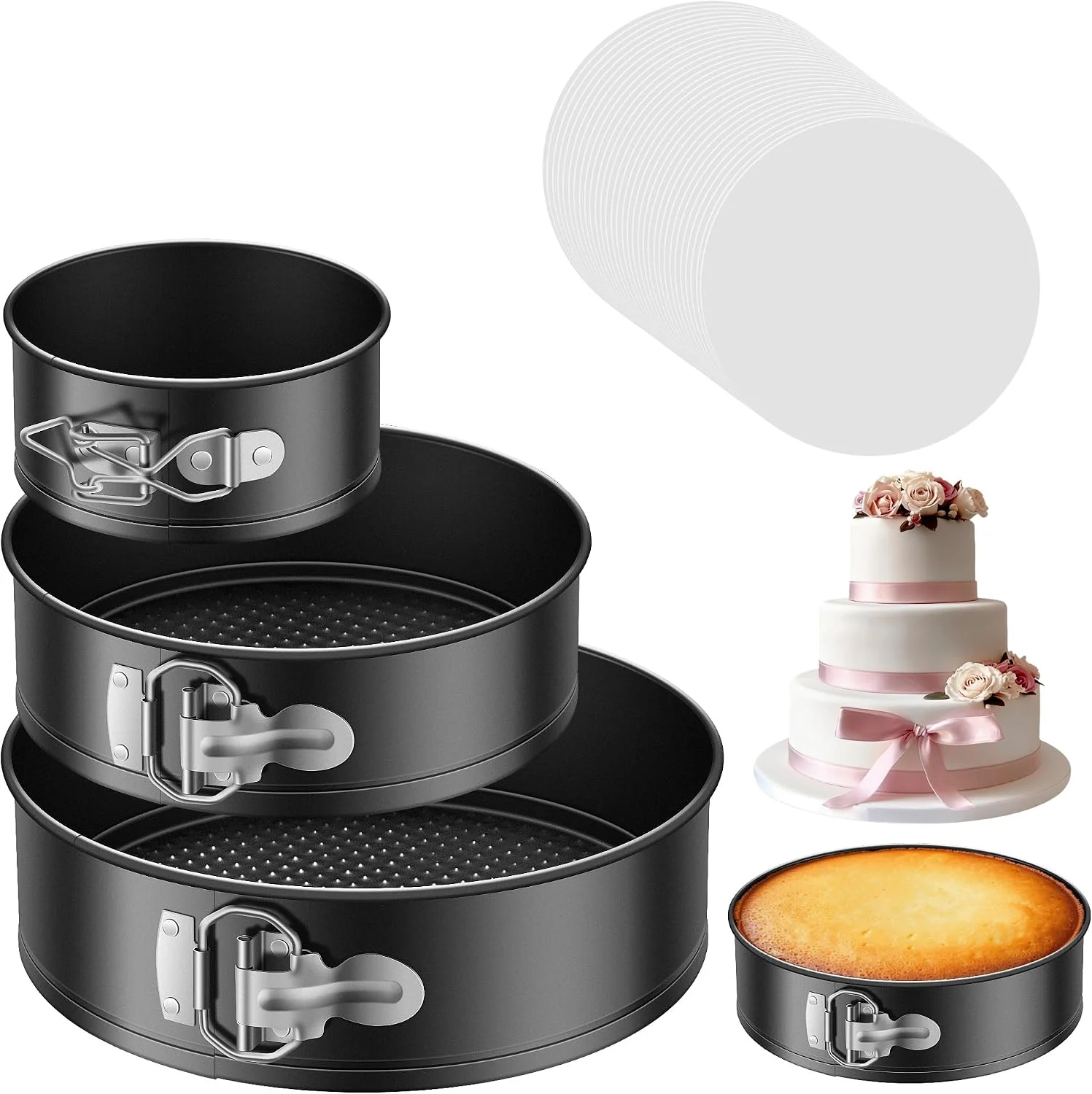 Elegant Kootek Cake Pan Set of 3 Springform Pans 4 7 9 Inch 50 Parchment Paper Carbon Steel Nonstick Coating Removable Bottom Easy Release Baking Pans Rust-Proof Oven Safe Round Cheesecake Pan Modern