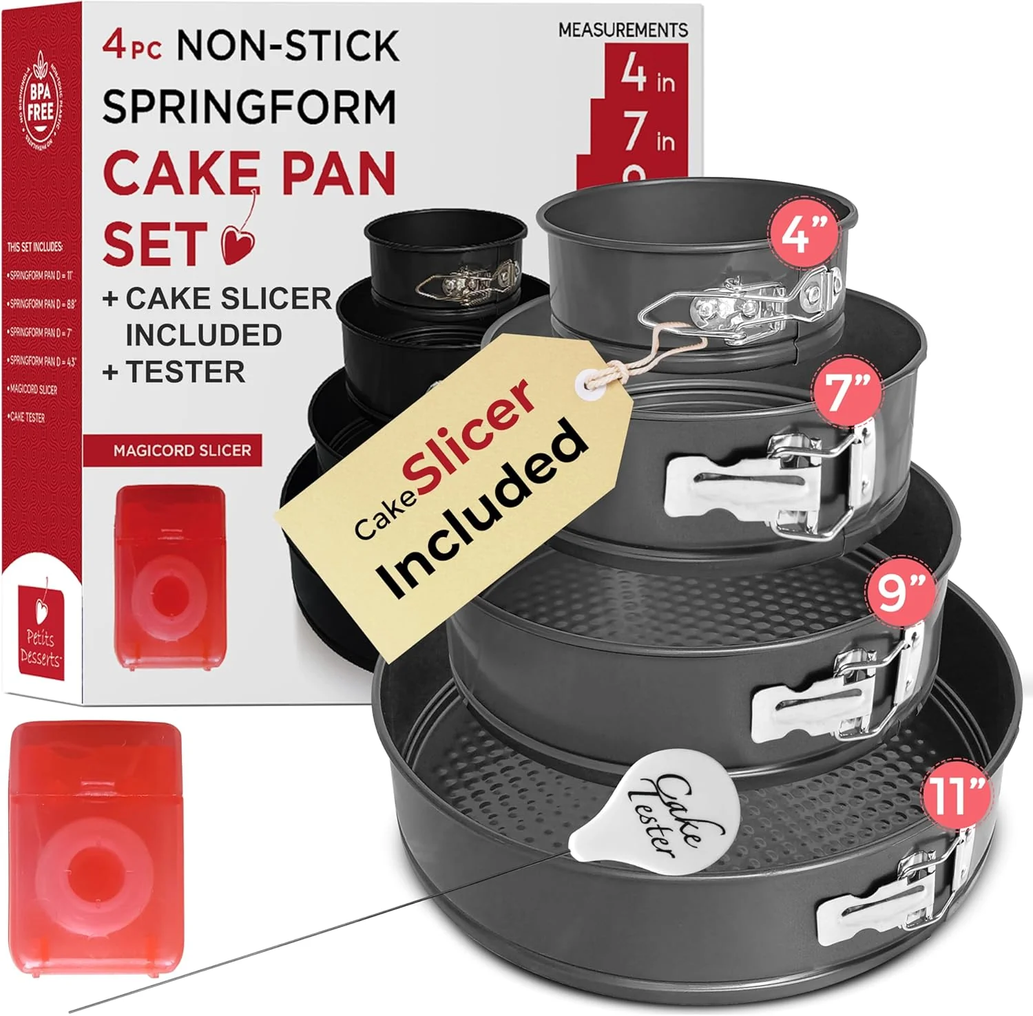Modern Spring Form Pan for Cheesecake 4 7 9 11 Inch Nonstick Cheesecake PanSet with Cake Slicer and Tester Leakproof Springform Pan Set Sophisticated