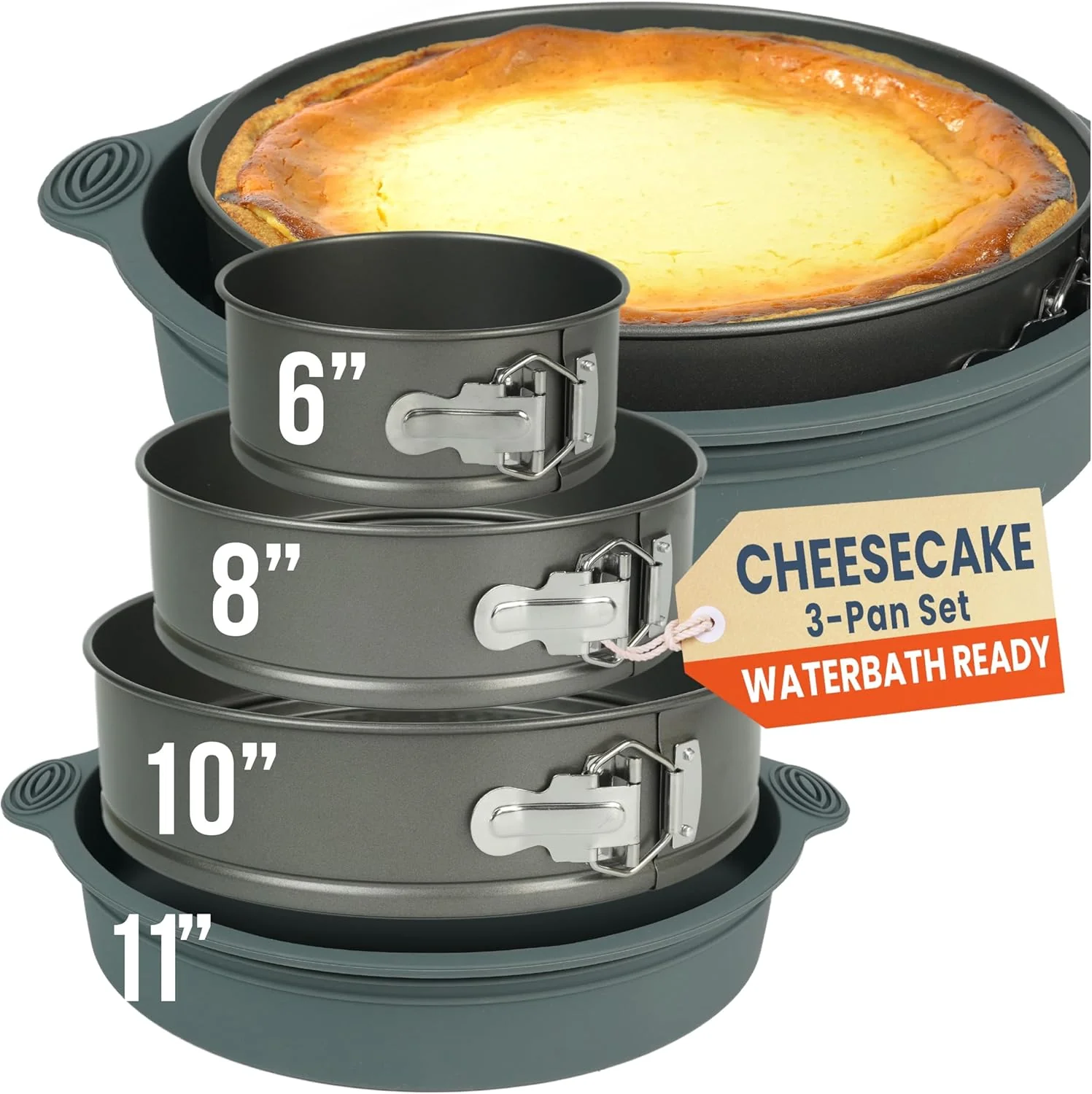 Traditional Cheese Cake Pans for Baking NON-STICK Springform Pan Set amp SILICONE SLEEVE 6 8 10 in NO LEAKS IN WATER BATH – Sturdy Silicon Protector for FOIL- Cheesecake Baking Durable Carbon Steel 0.4 mm Responsible