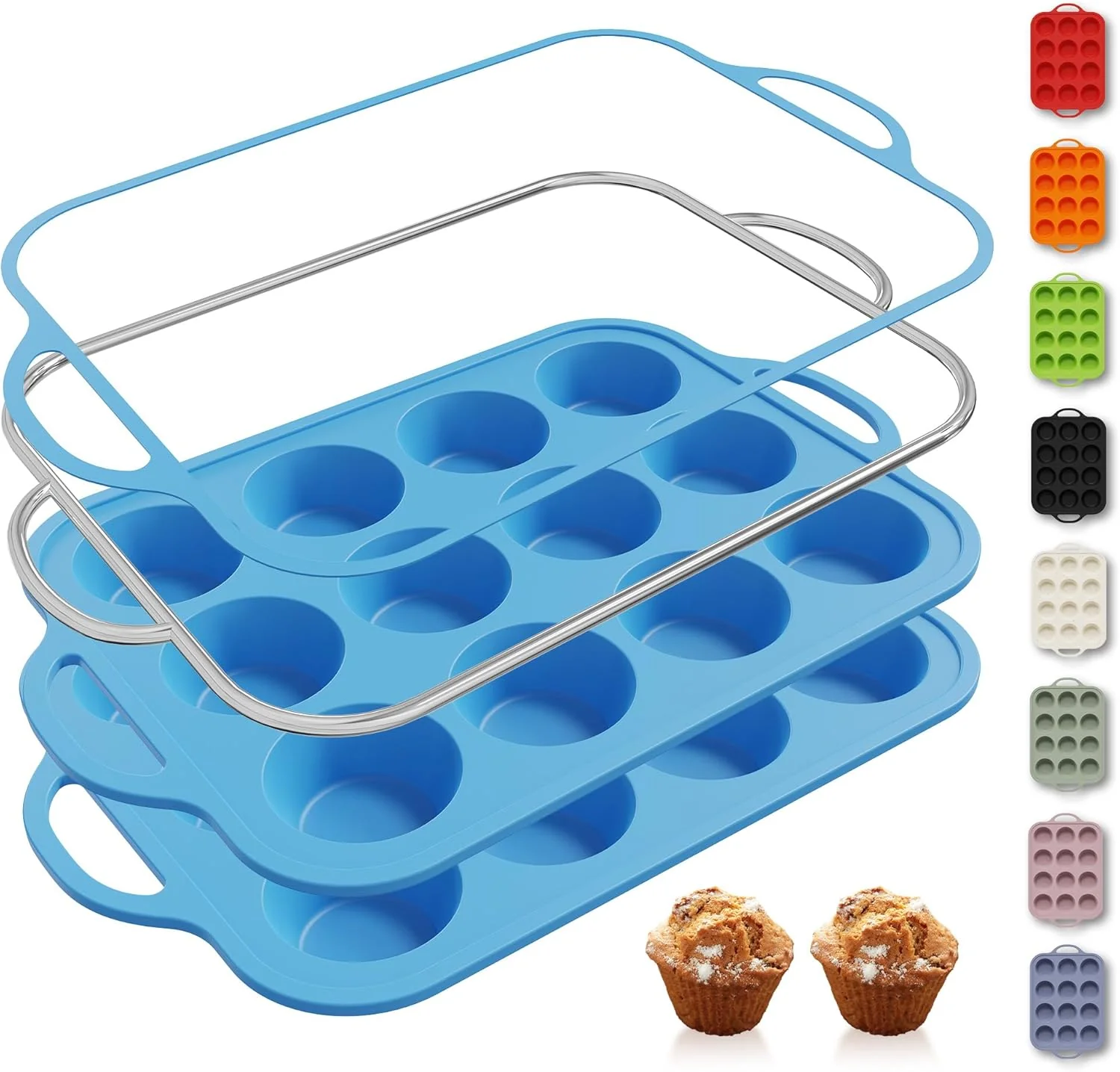 Fine 2 Packs 12 Cups Silicone Muffin Pan with Metal Reinforced Frame Regular Size Cupcake Pan Tray Egg Bites Silicone Circle Cookie Molds Muffin Tin Tart Green