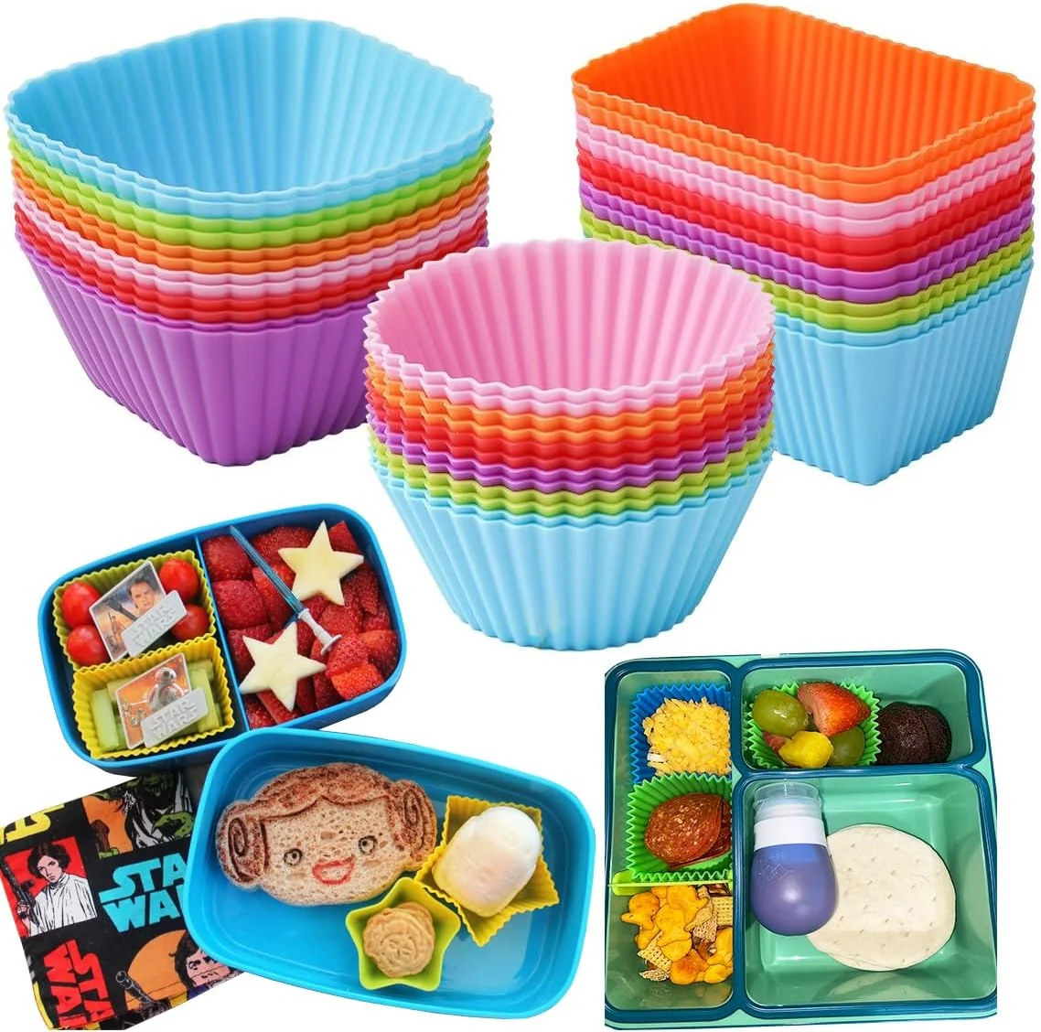 Next-Generation Silicone Bento Lunch Box Dividers 3 Shapes of Standard Round Square Rectangle – Reusable Silicone Cupcake Liners Non-Stick Muffin Cups for Baking Expertly Made